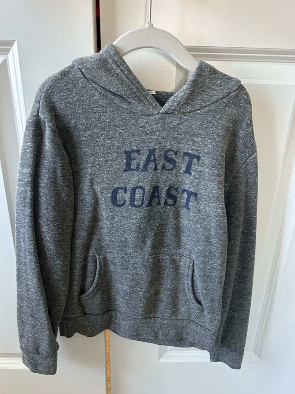 Wanderlust + Co Gray Crewneck Hoodie with Navy 'EAST COAST' Print